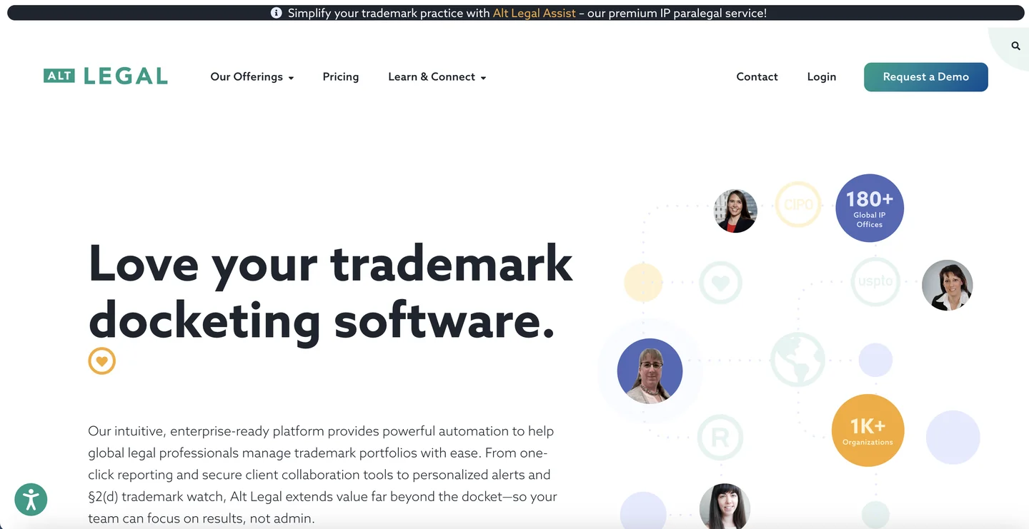 Alt Legal website Alt Legal homepage — trademark docketing software with enterprise-ready automation for global IP professionals