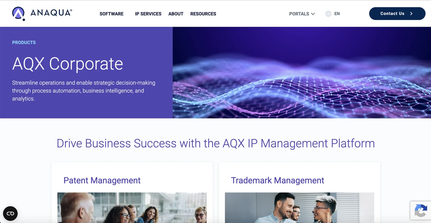Anaqua homepage — enterprise IP management platform for global corporate patent filers and law firms