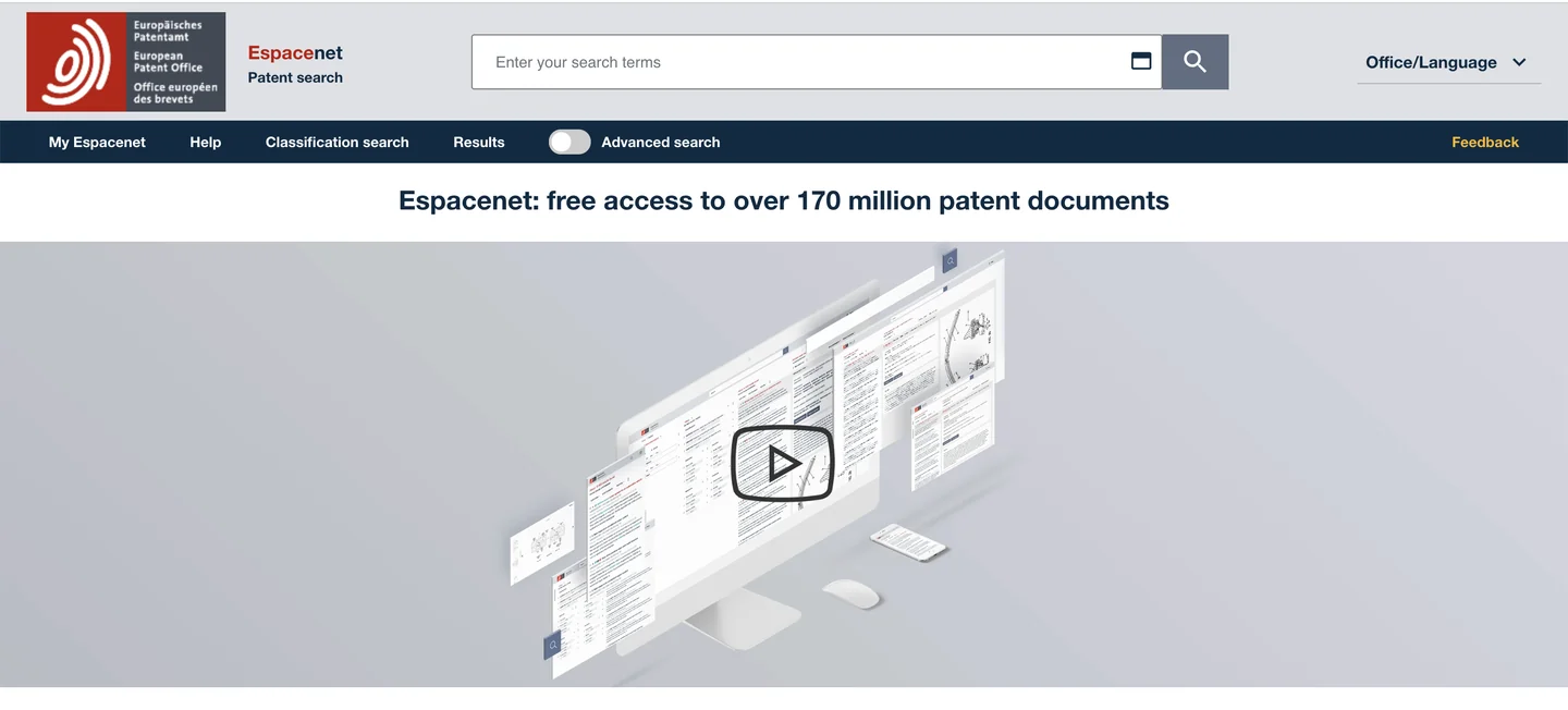 EPO Espacenet website EPO Espacenet free patent search database homepage