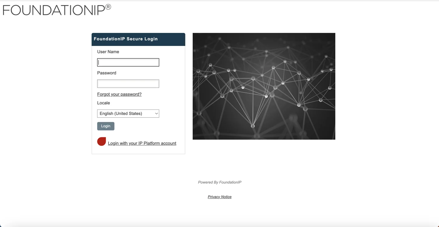 FoundationIP website FoundationIP by Clarivate login page — patent management and docketing software for law firms and corporations
