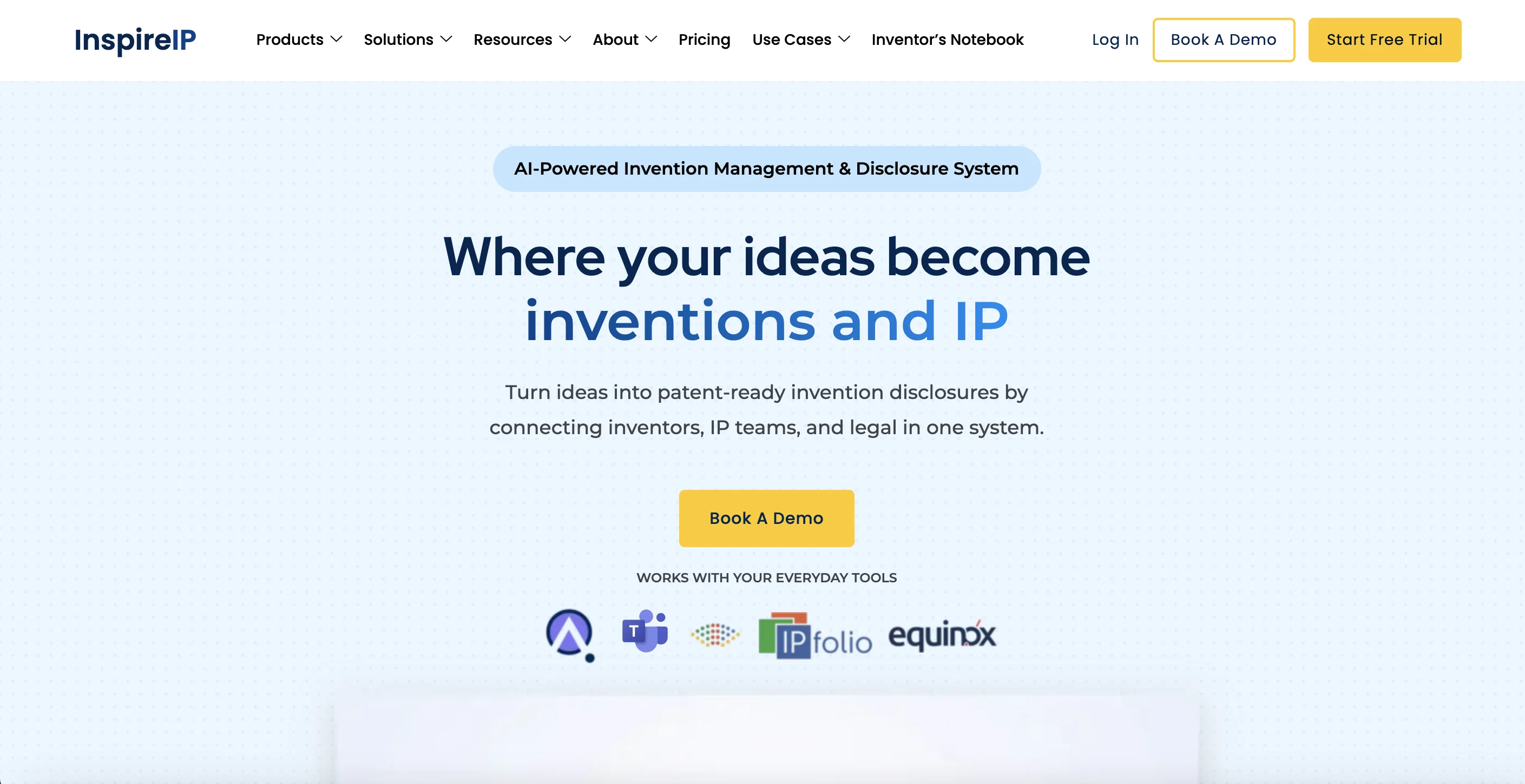 InspireIP website InspireIP homepage — invention disclosure and employee engagement platform for capturing and advancing patentable ideas