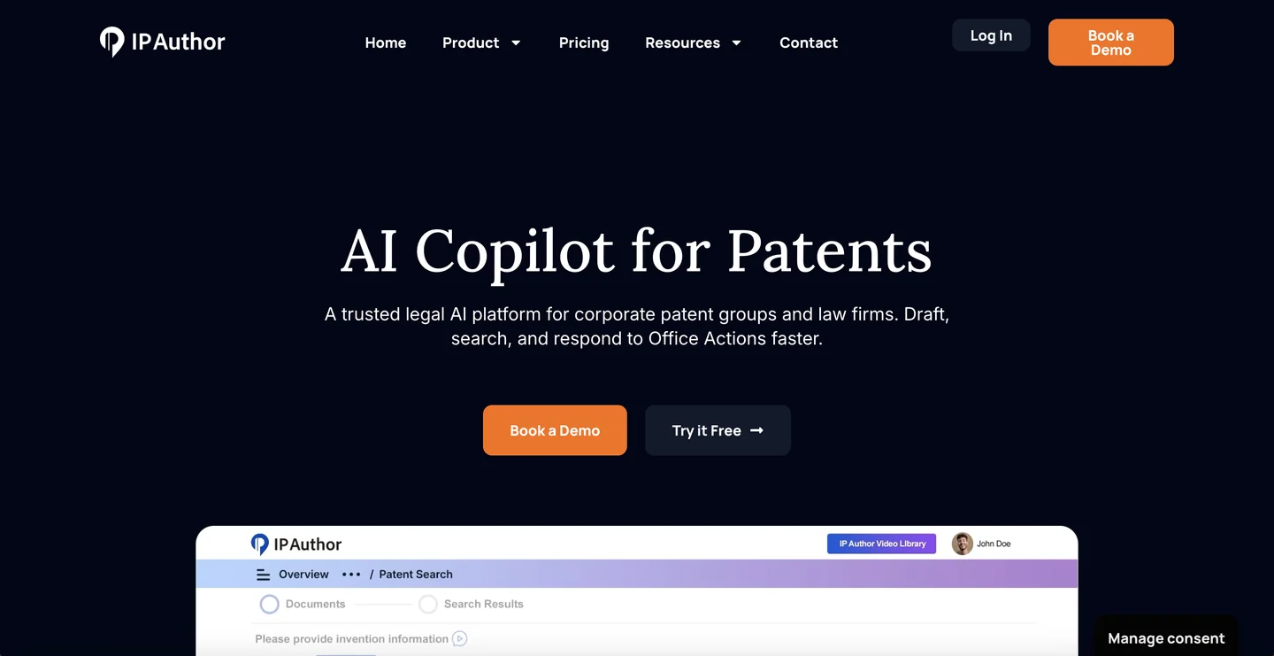 IP Author website IP Author AI patent drafting tool homepage