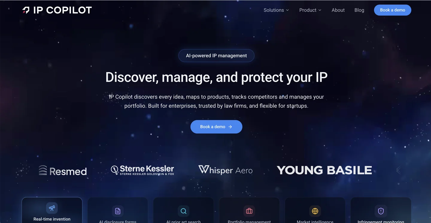 IP Copilot website IP Copilot homepage — AI-powered invention mining platform that scans internal communications for patentable ideas