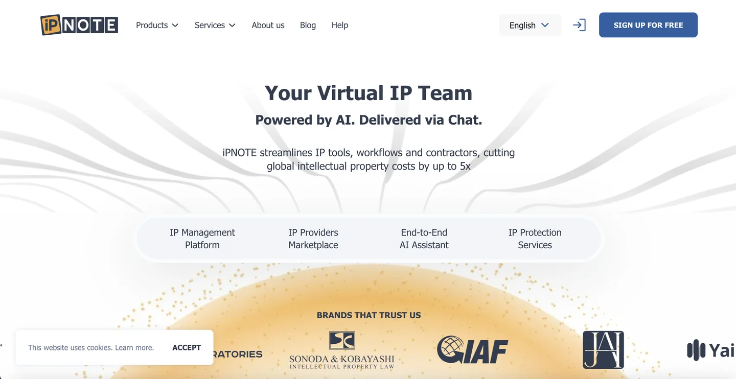 iPNOTE website iPNOTE homepage — virtual IP team platform powered by AI for global patent filing and management