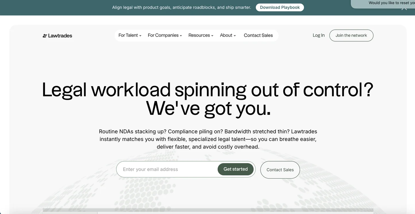 Lawtrades website Lawtrades legal talent marketplace for startups homepage