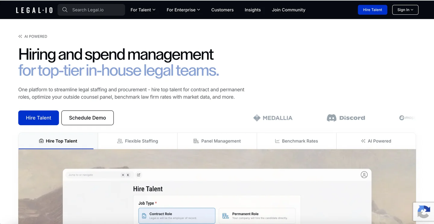 Legal.io website Legal.io legal hiring platform for in-house teams homepage