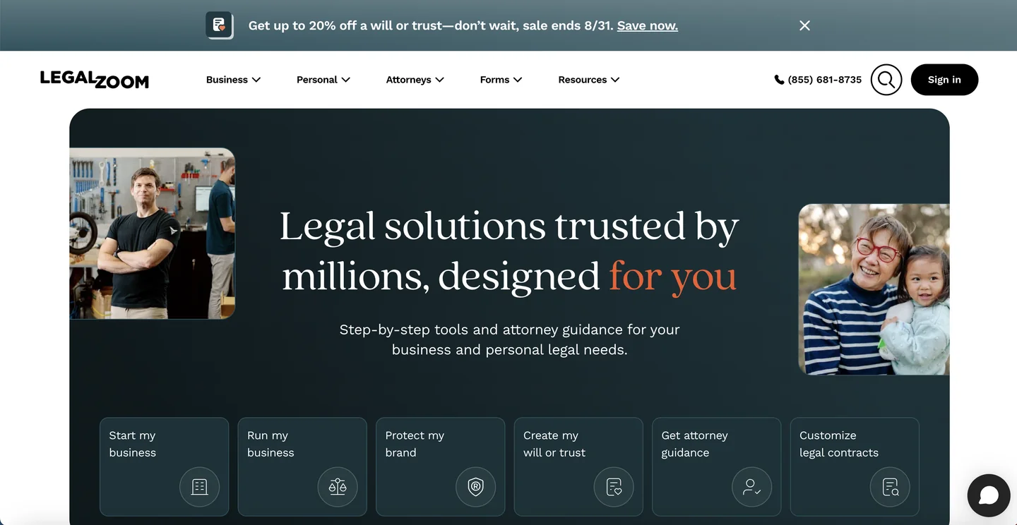 LegalZoom website LegalZoom homepage — online legal solutions platform trusted by millions for business and personal legal needs