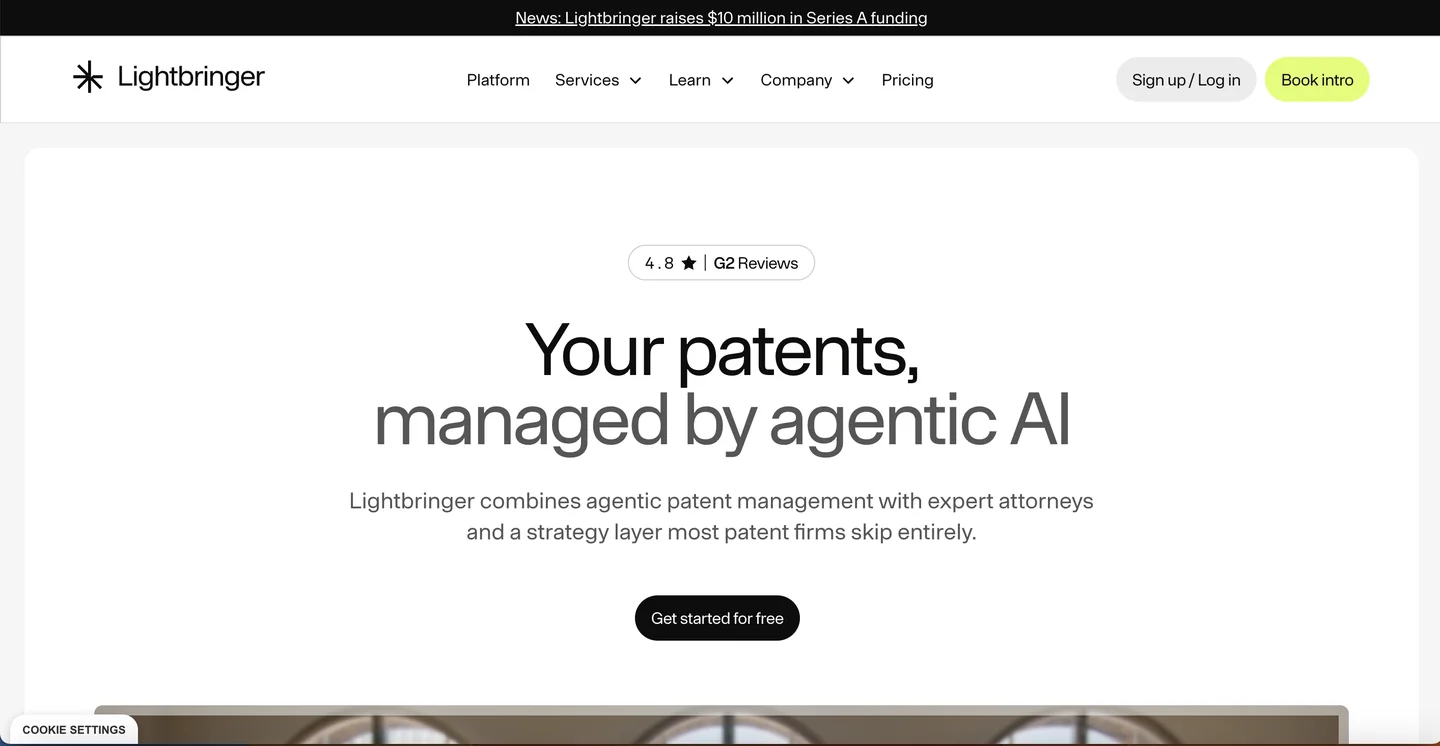 Lightbringer website Lightbringer homepage — AI-enabled patent management platform combining agentic AI with expert patent attorneys