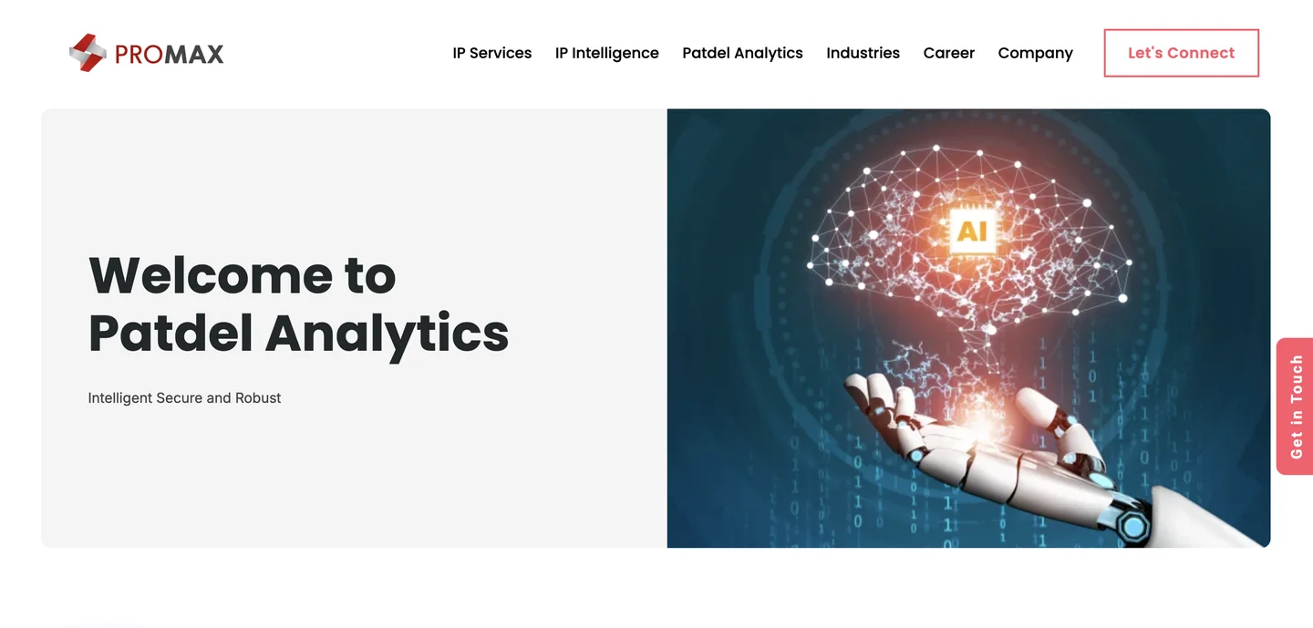 Patdel Analytics website Patdel Analytics patent data analytics platform homepage