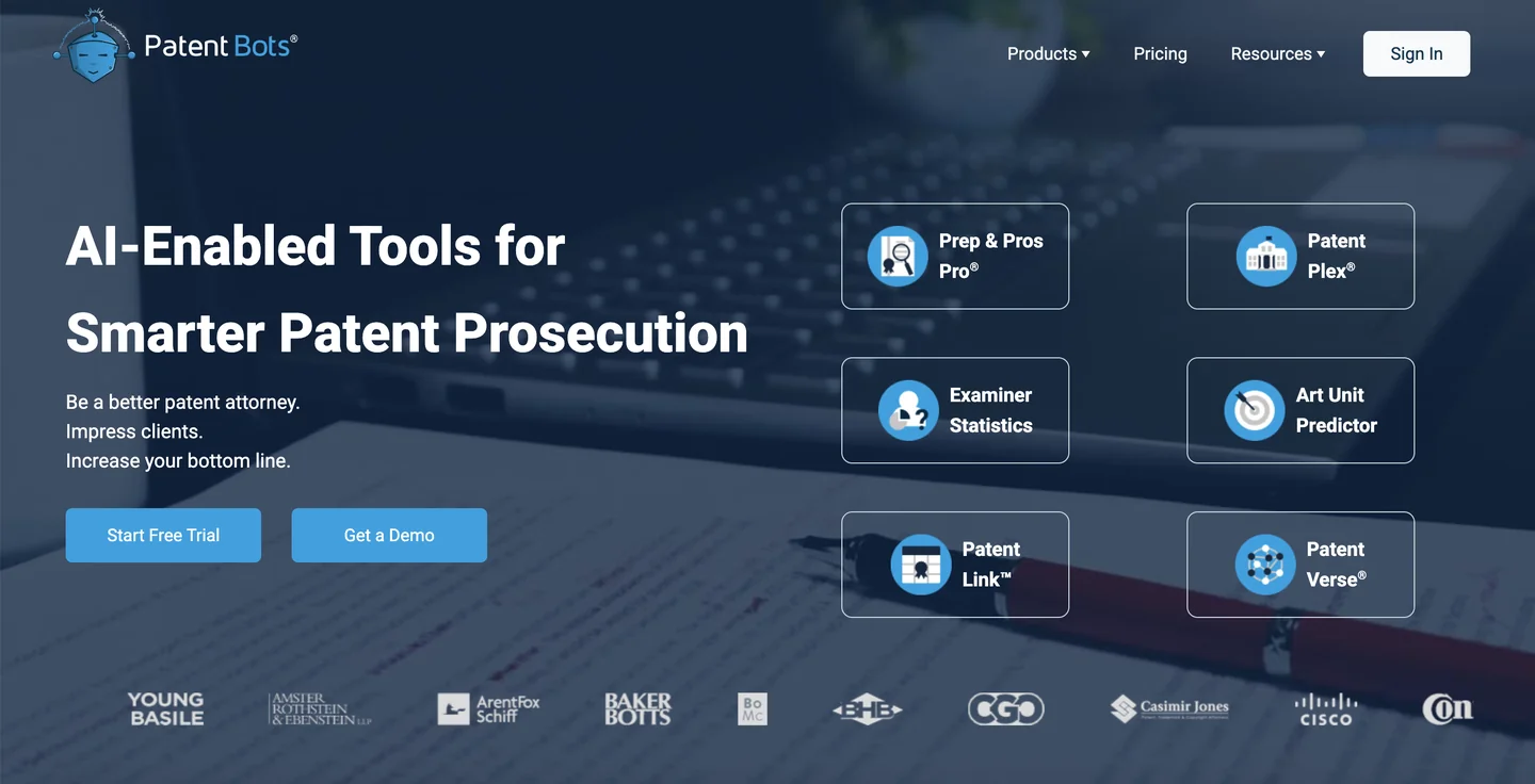 Patent Bots website Patent Bots patent proofreading and prosecution tool homepage