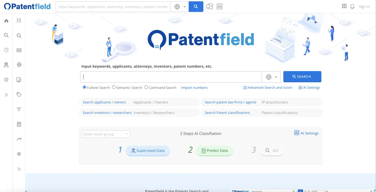 Patentfield website Patentfield AI patent analytics and search platform homepage