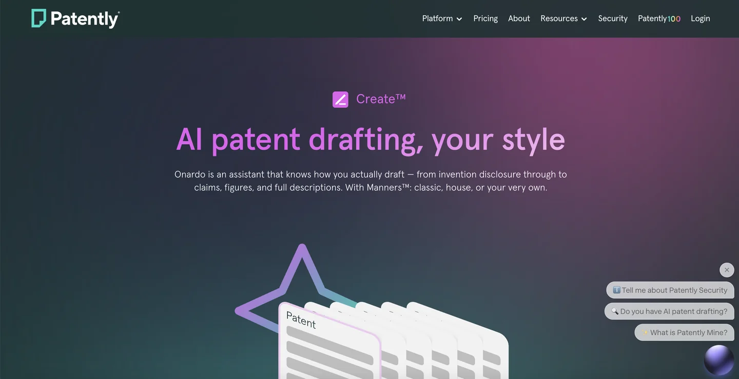 Patently Create website Patently Create AI patent drafting tool homepage