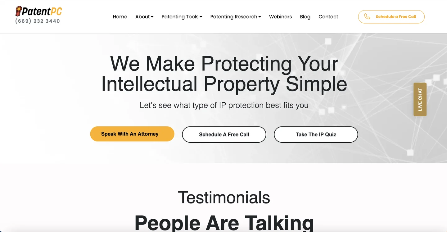 PatentPC website PatentPC homepage — attorney-led patent filing service for technology startups and inventors
