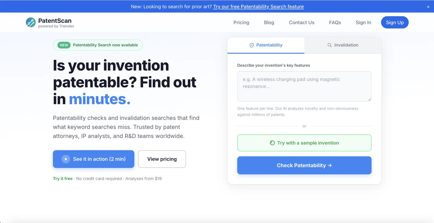 PatentScan website PatentScan AI patent analysis and monitoring tool homepage