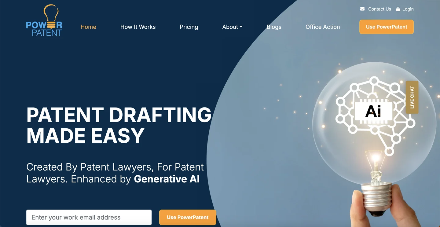 PowerPatent website PowerPatent AI patent drafting platform homepage