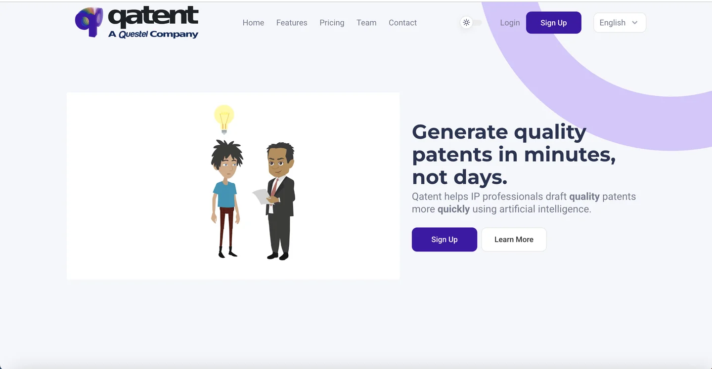 Qatent website Qatent AI patent drafting platform by Questel homepage