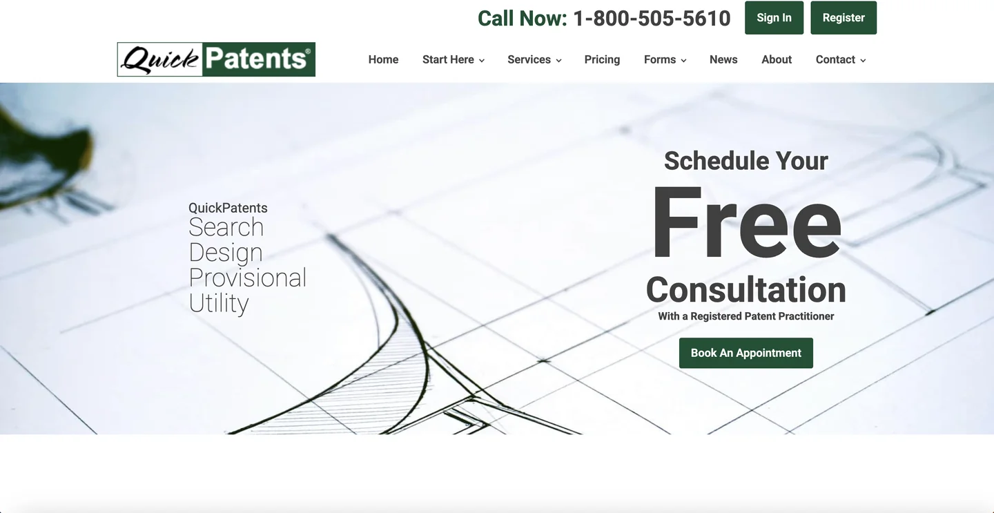 Quick Patents website Quick Patents homepage — registered patent practitioner services with free consultation for inventors