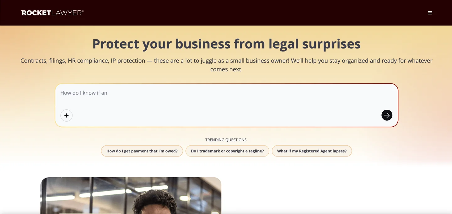 Rocket Lawyer website Rocket Lawyer homepage — online legal services platform for small business contracts and IP filings