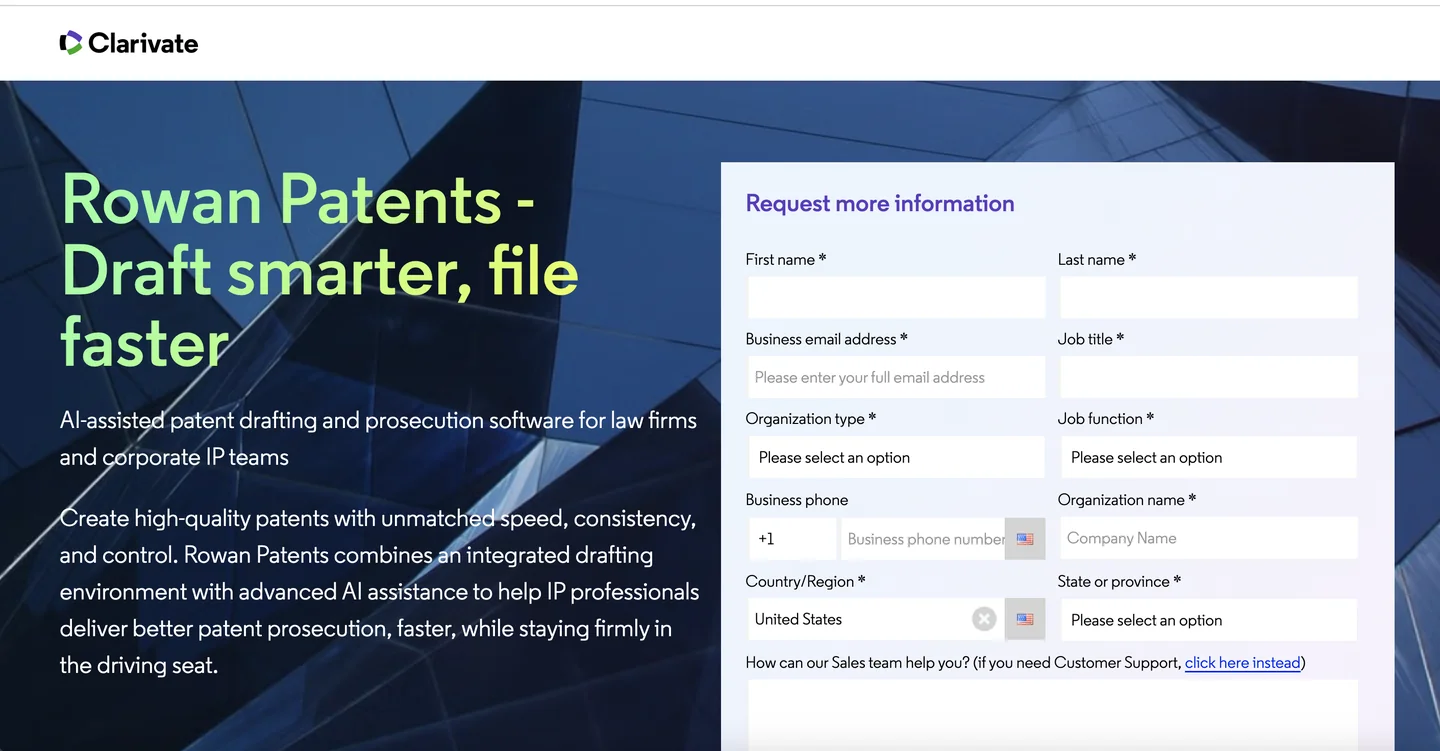 Rowan Patents website Rowan Patents (now part of Clarivate) AI patent drafting platform homepage