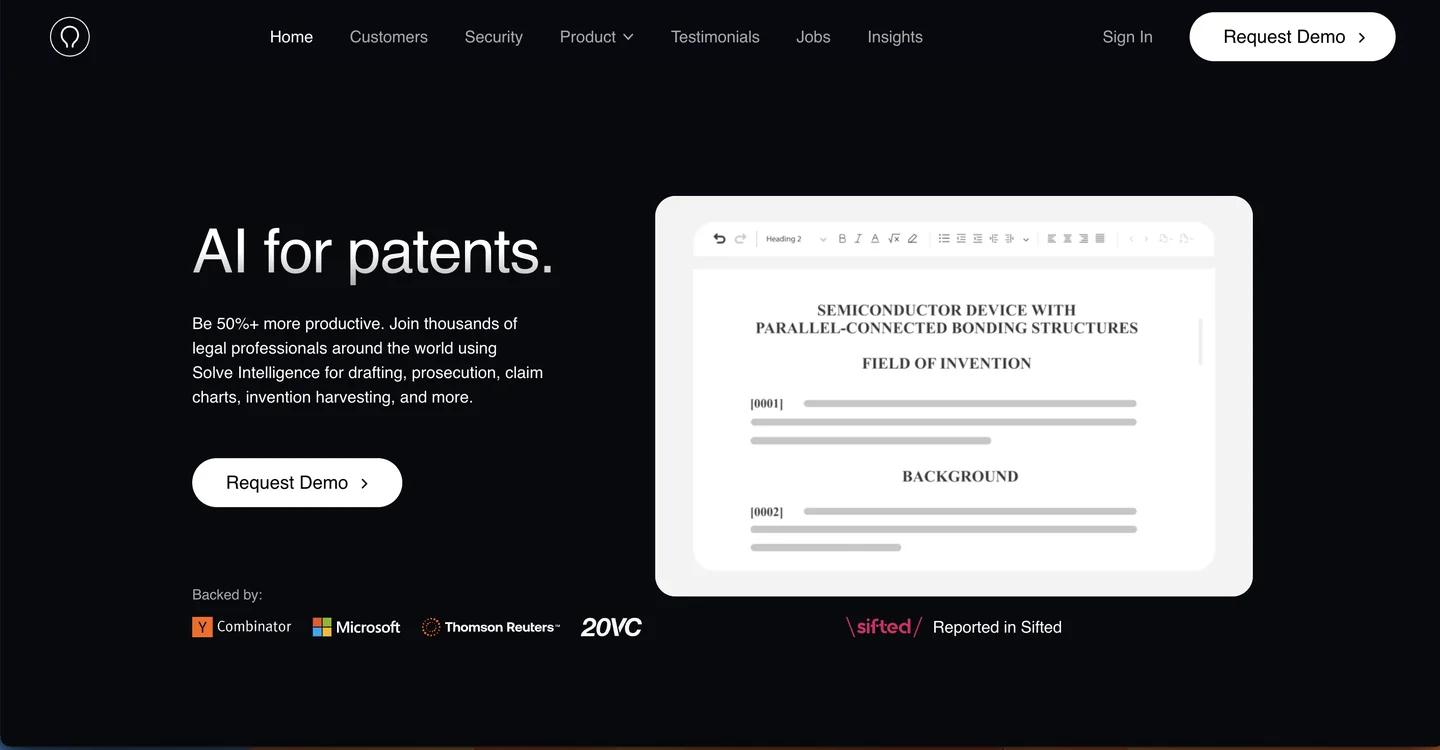 Solve Intelligence website Solve Intelligence AI patent drafting platform homepage