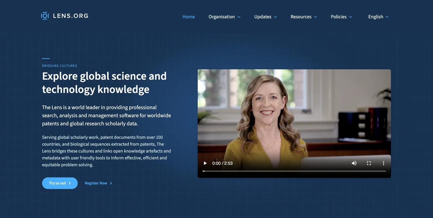 The Lens website The Lens free patent and scholarly search platform homepage