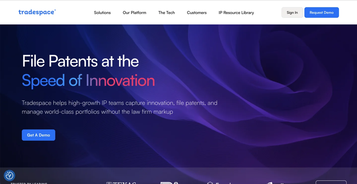 Tradespace website Tradespace homepage — end-to-end AI IP platform for invention harvesting, drafting, prosecution, and portfolio management