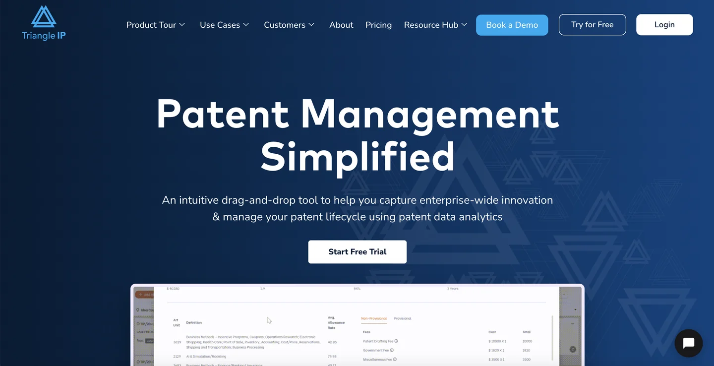 Triangle IP website Triangle IP homepage — patent portfolio management platform with structured invention disclosure intake and committee review workflows