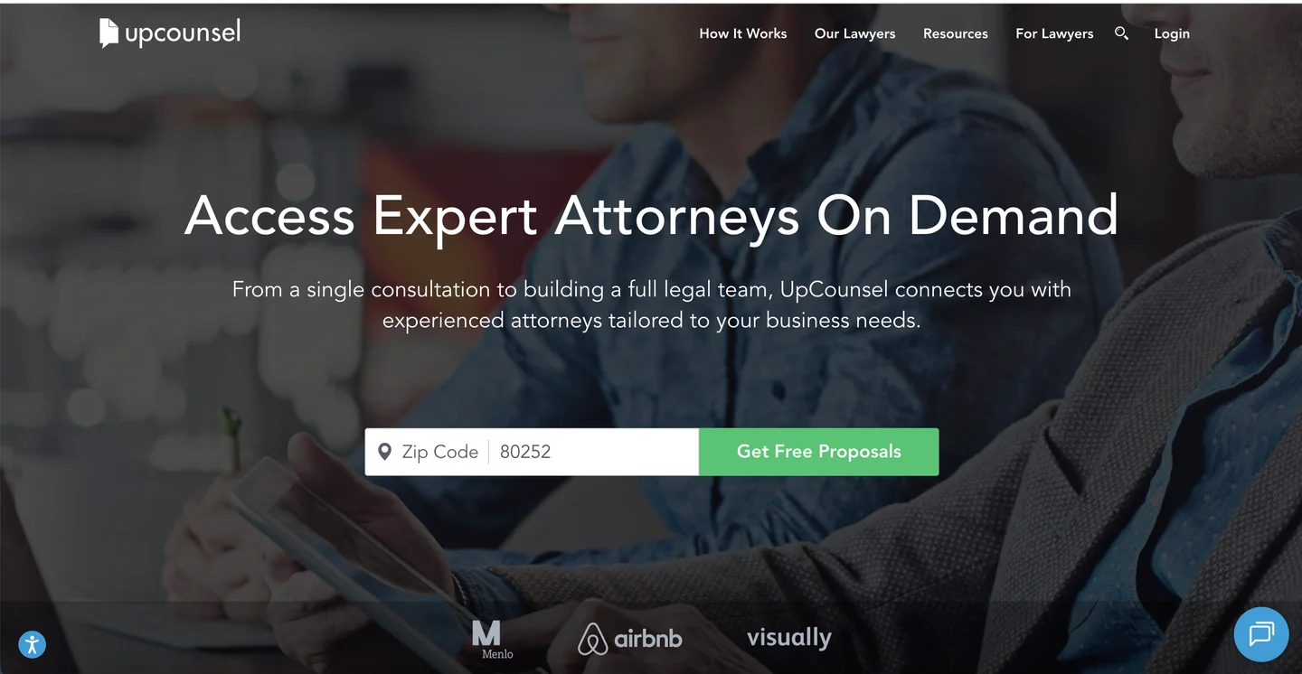 UpCounsel website UpCounsel curated legal marketplace with flat-rate IP services homepage