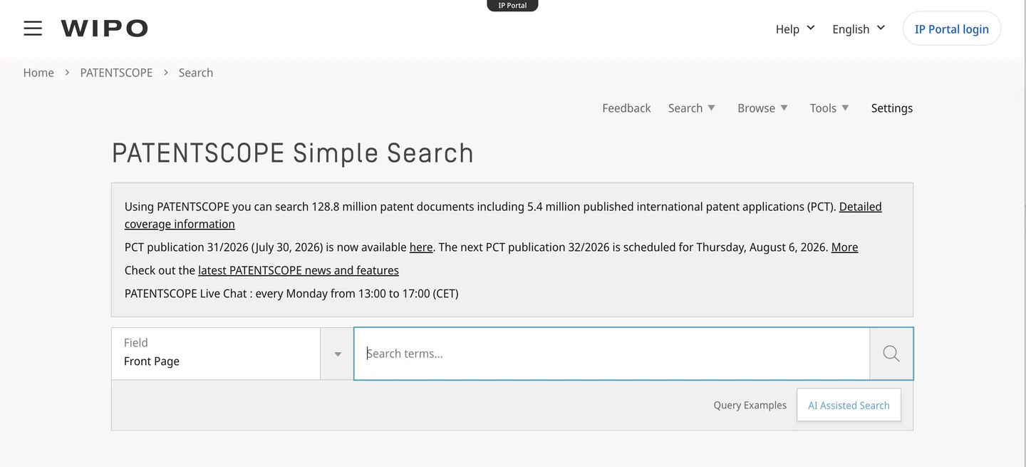 WIPO Patentscope website WIPO Patentscope international patent search database homepage